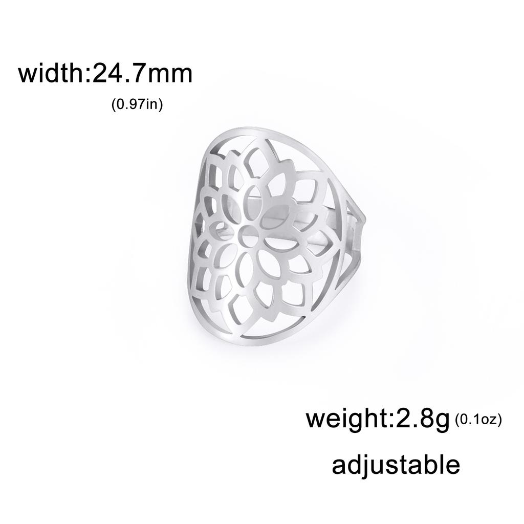 Cazador Hollow Flower of Life Women's Rings Adjustable Stainless Steel Open Rings Wedding Anniversary Jewelry Mother Day Gift
