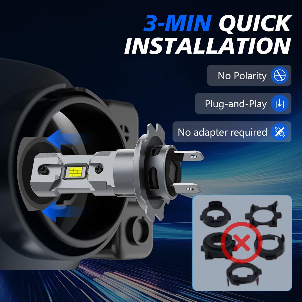 2pcs H7 LED Headlight Bulbs 500% Brighter Wireless Headlight Bulbs, 20000LM Mini Headlight Bulbs Fanless Car Bulb Kit High Low Beam