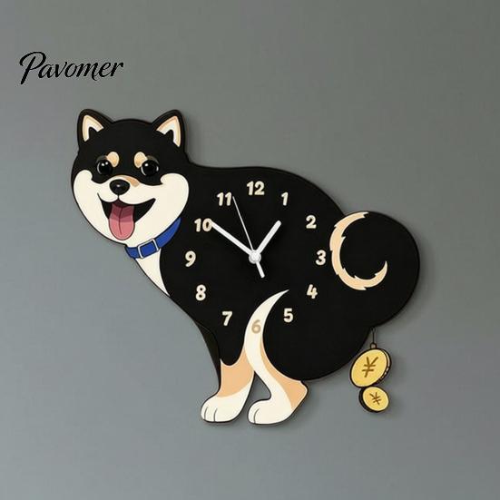Easy Setup Wall Clock Pooping Dog Clock, Wooden with Swinging Pendulum, Silent Non Ticking Pet Lover for Living Room Home Office, Gift