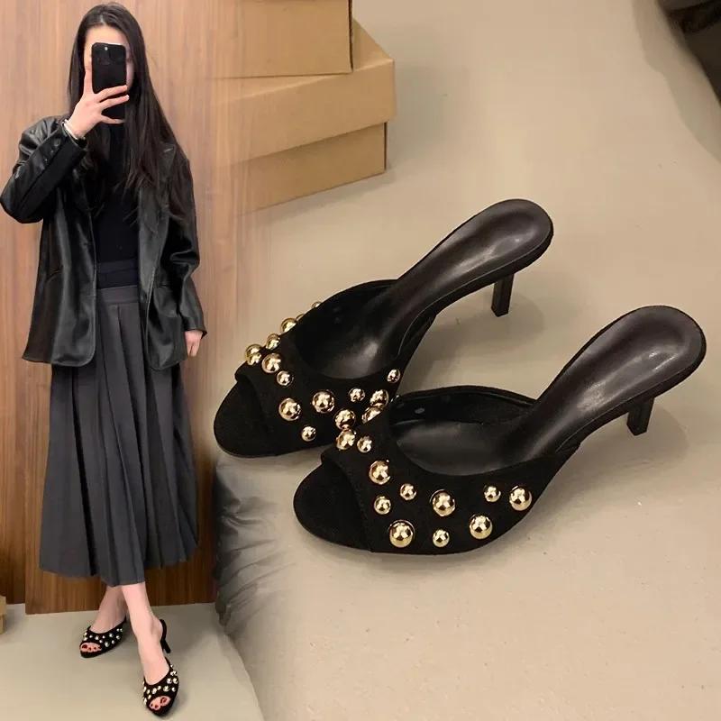 Summer Women's High Heel Slippers New Fashionable Outerwear Large Size Cool Slippers Korean Edition Riveted Thin Heel Sandals