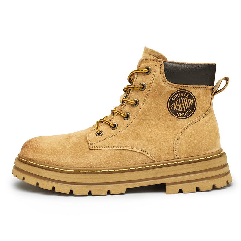 Yellow Leather Ins-Style High-Top Martin Boots for Men & Couples, Velvet-Lined, Perfect for Autumn and Winter.