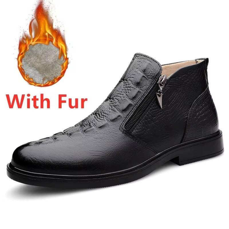 

Genuine Leather Men s Business Boots New Men Casual Shoes Stylish for Men Side Zipper Ankle Boots Men Winter Plush Snow Boots 45