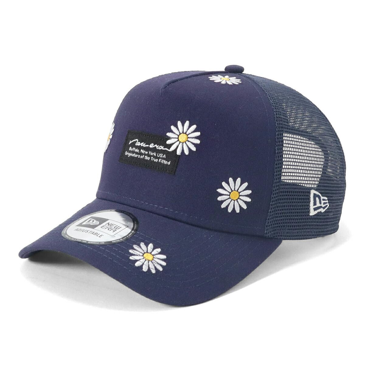 

New Era 9Forty Trucker with Flower Embroidery and Woven Light Exclusive to A-Frame Patch, Navy, ONSPOTZ.
