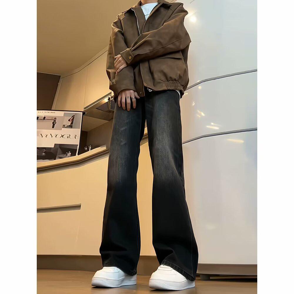 Jeans Homme Noir Coupe Droite Américain Poids Lourd - Tendance Printemps, Style High-Street Polyvalent avec Micro Évasement.