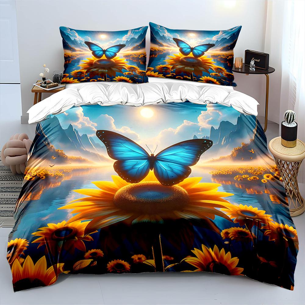 Blue Butterfly Resting On Sunflower Print Soft Comfortable Duvet Cover Bedding Set Included 1*Duvet Cover 2*Pillowcases