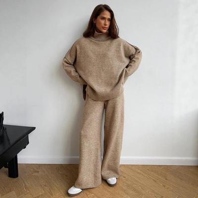 Women's High Collar Sweater & Wide Leg Pants Set - European and American Style, Autumn/Winter Casual and Cozy Knitwear.