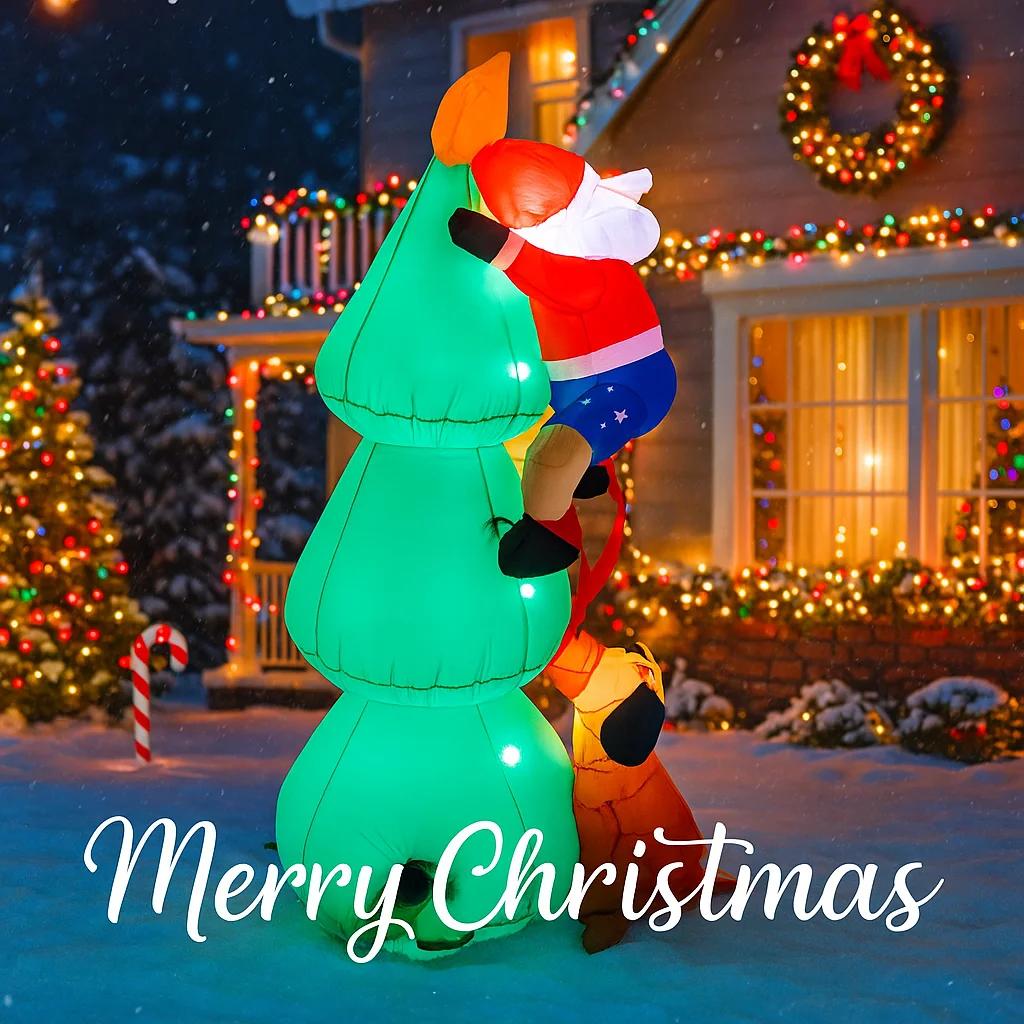 5.91FT Inflatable Toy Christmas Tree Decor Santa Claus Dog Xmas Yard Ornament Supplies With LED Lit Home Decoration Festive Gift