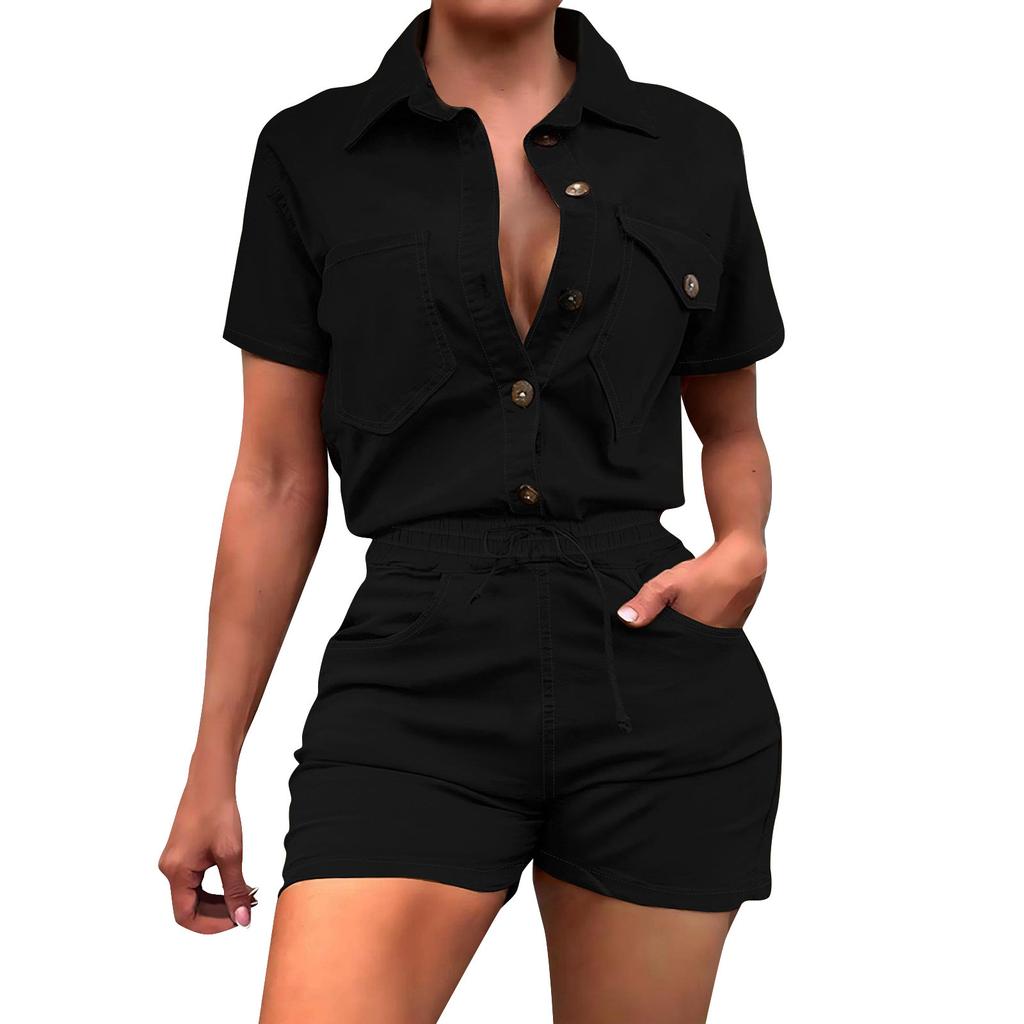 Women's Solid Color Workwear Style Short Sleeve Top Lace-Up Shorts Two Piece Set