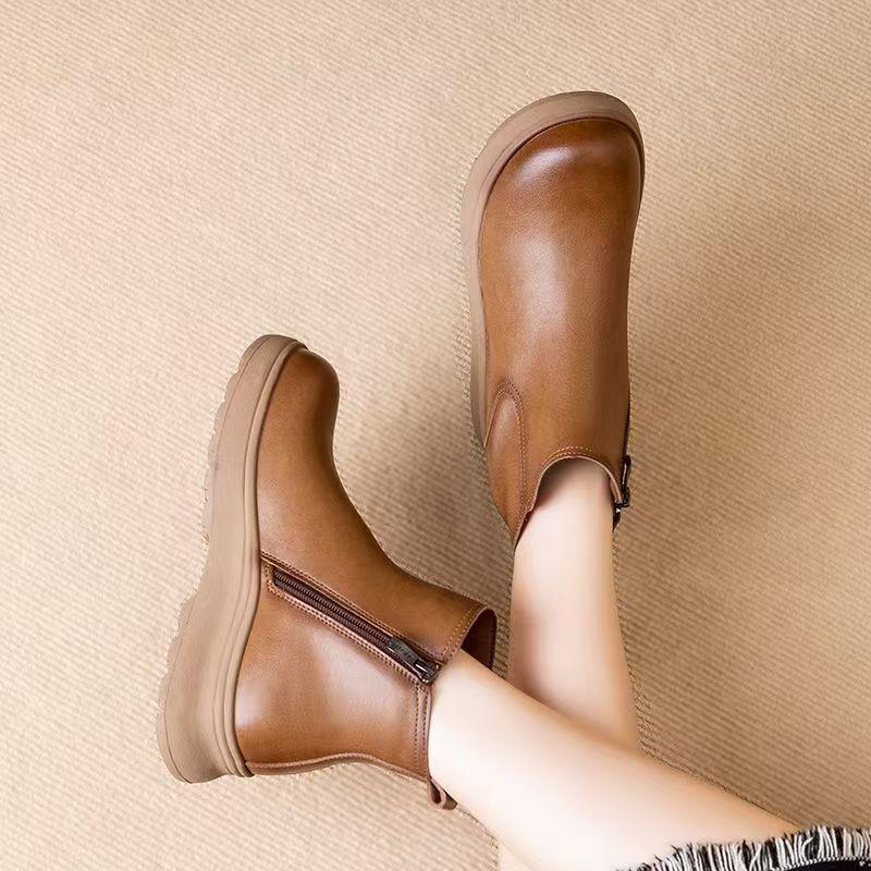 Women Real Leather Wedges Ankle Boots Spring Autumn New Thick sole Non Slip Middle Aged And Elderly High Top Zippers Boots