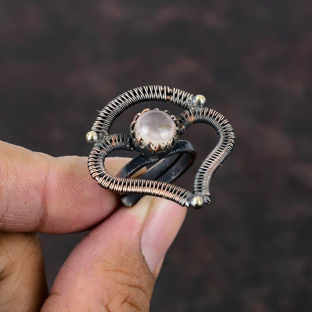 Rose Quartz Ring Copper Wire Wrapped Ring Adjustable Ring Handmade Copper Jewelry Original Gemstone Ring Wire Wrap Jewelry Gift For Wedding