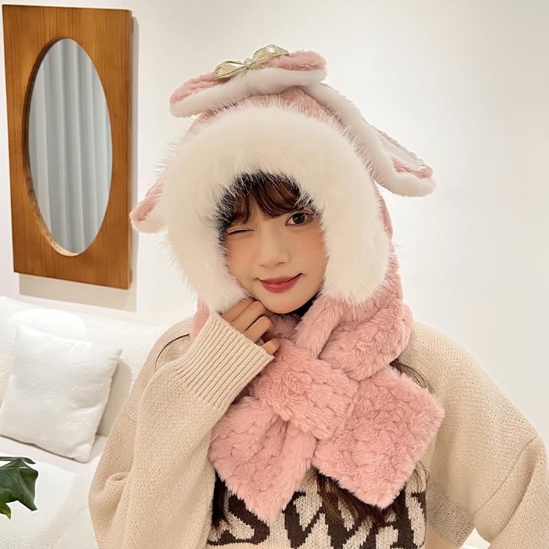 Women's Cozy Fox Ear Plush Hat with Integrated Scarf - Warm, Soft Lei Feng Design for Autumn and Winter. Perfect Ear Protection for Students.