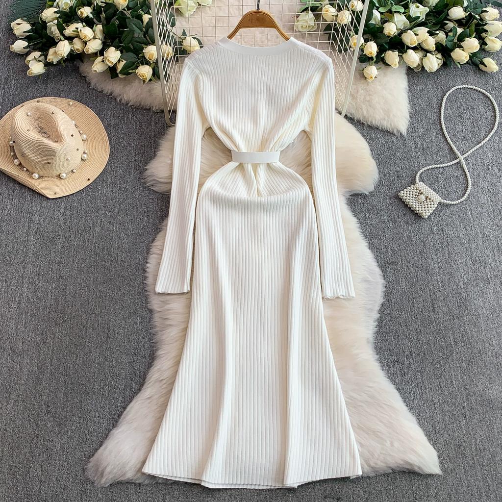 Autumn Winter Women Elegant V-neck Pearl Button Knitted Sweater White Office Work Slim Bodycon Sheath Dresses