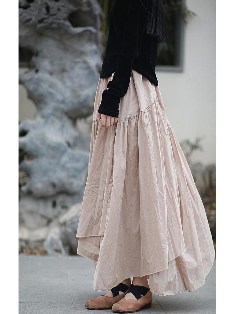 25 Small Warm Spring-Summer All-Cotton Irregular Swing Long Skirt, Literary Cotton-Linen Half-Body Skirt with Elastic Waist, Retro Style