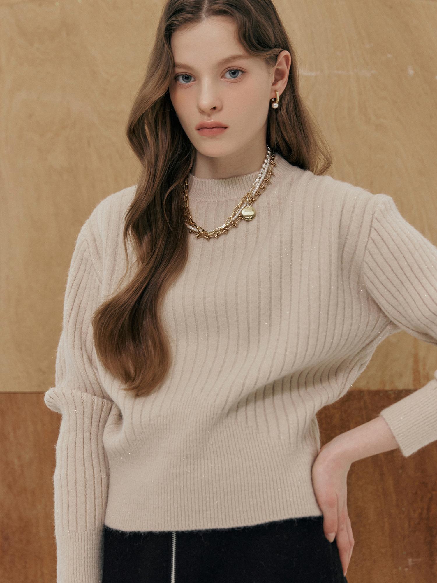 Maja Glitter Mix Round Neck Crop Rib Knit Ivory/Free
