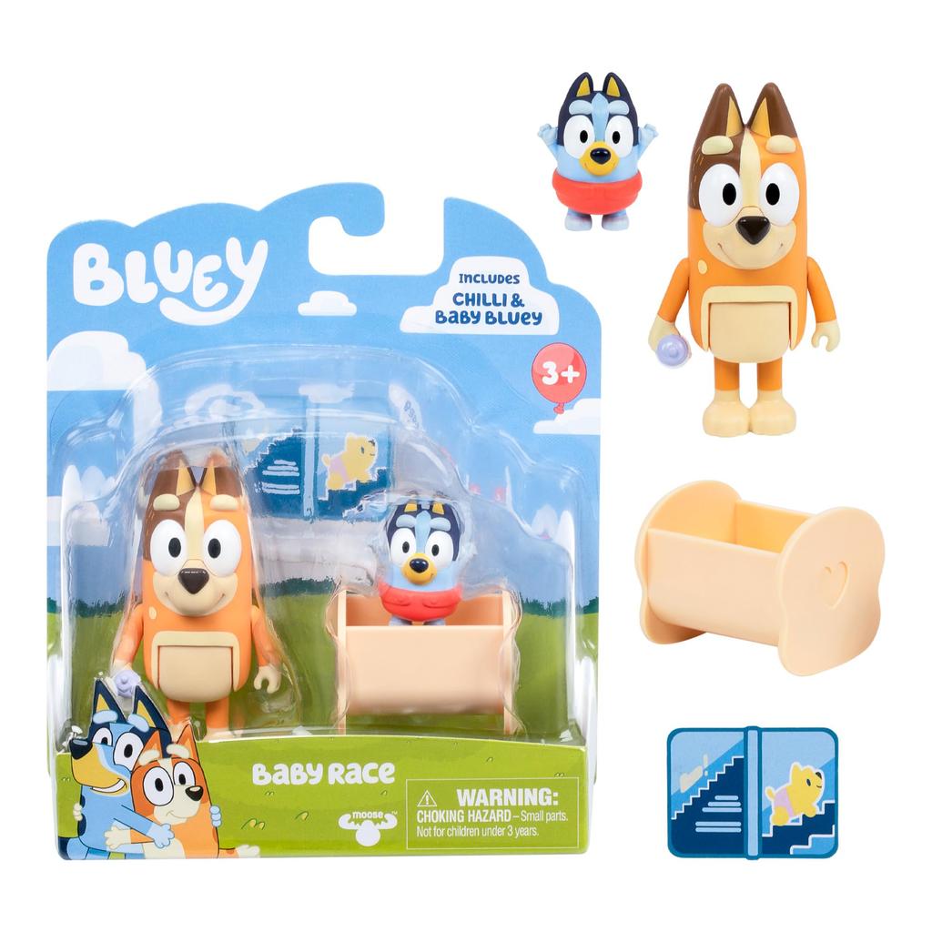 BLUEY Figure 2-Pack Baby Race | 2-Figure Pack with Chili and Baby and Cradle Accessories, 17616