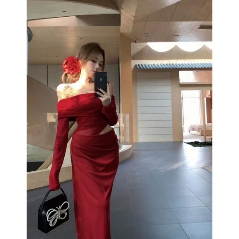 Leichter Luxus atemberaubende Atmosphäre rotes One-Shoulder-Kleid Damen reine Begierde sexy Patchwork-Netz