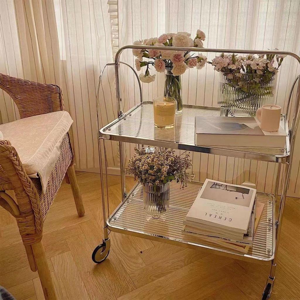 Storage Rolling Cart 2 Tier Glass Utility Organization Mobile Shelving for Bedroom Living Room