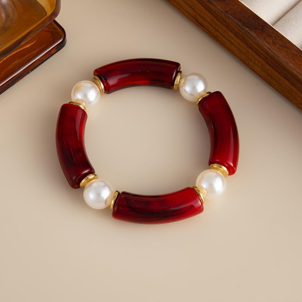 

Angora Red Smudge Curved Resin Bracelet, Fashionable Elbow Beaded Splicing Elastic Bracelet
