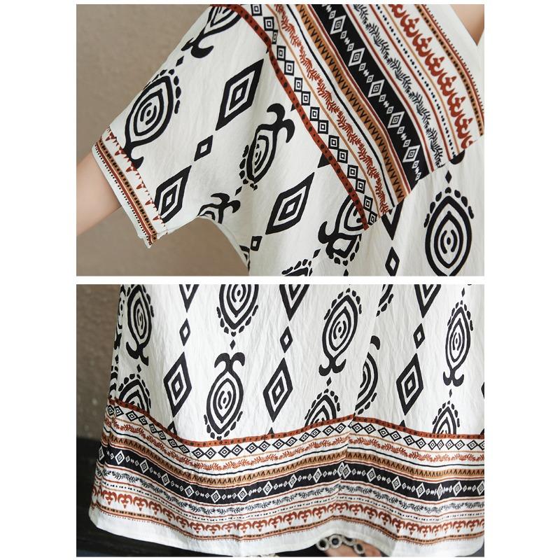 DIMANAF Summer Women New 2025 Basic Plus Size V-Neck Dress Casual Linen Printing Short Sleeve Dress Loose Dress