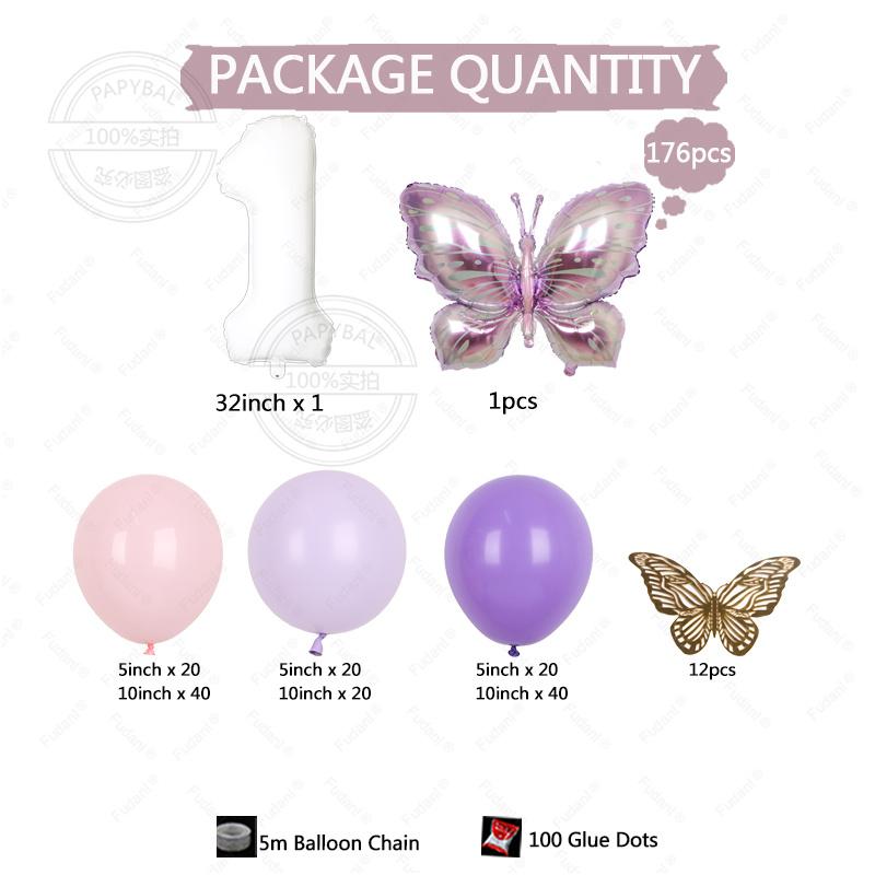 176pcs Purple Butterfly Wedding Birthday Balloon Arch Set with White Number Foil Ball for Adult Child Baby Shower Decor Balloons