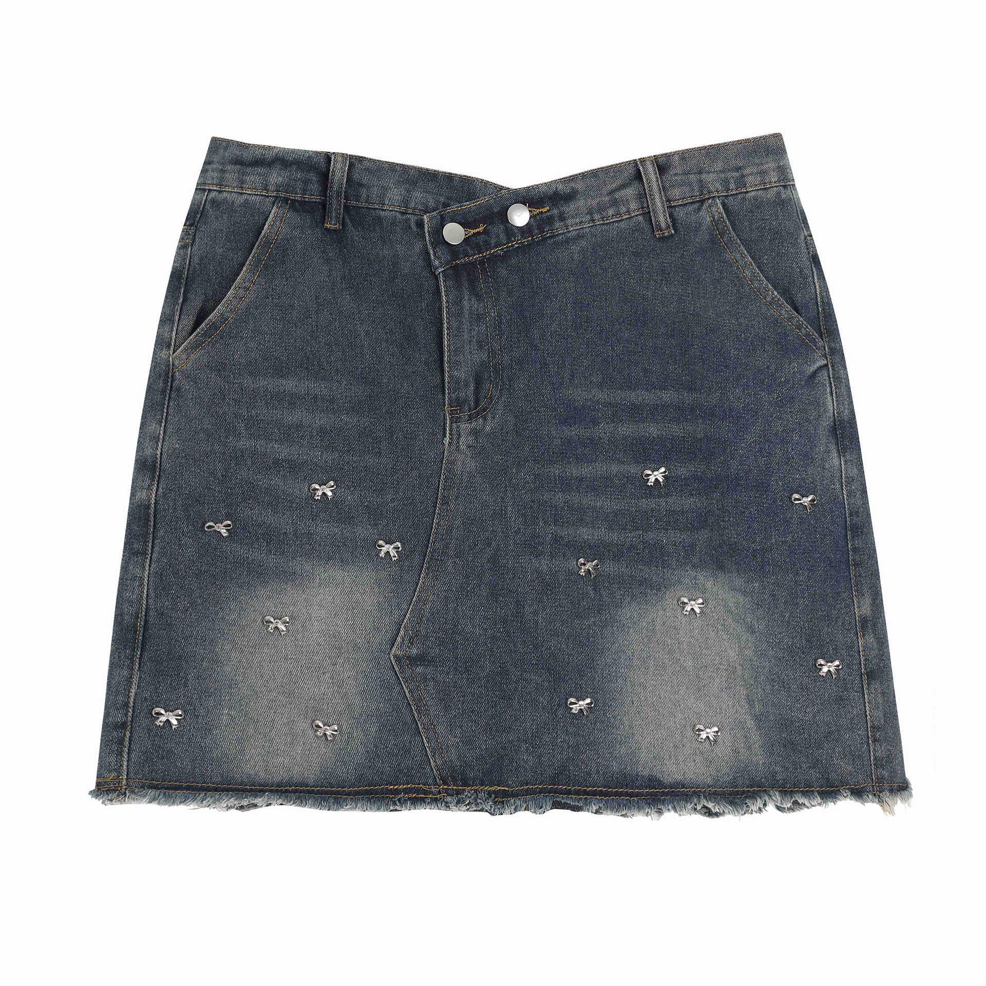 

High Waist Korean Style A-line Denim Skirt with Bowknot - Plus Size, Anti-Exposure, Slimming, for Chubby Girls 2XL (Recommended 140-160 lbs) синий