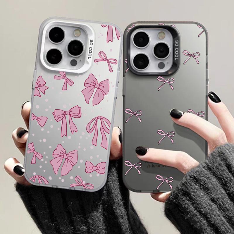 Ins Korean Simple Pink Bow Phone Case For  Redmi Note 13 12 Pro Plus 5G 12S 11S 11 10S 10 Redmi 12 13C Luxury Laser Cover