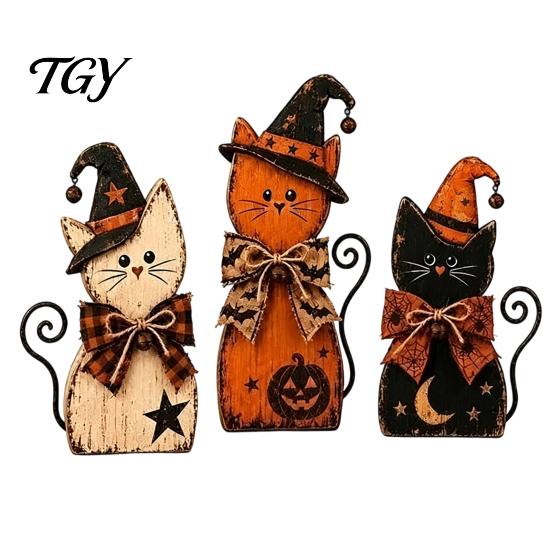 Retro Farmhouse Shelf Display Rustic Wooden Cat Ornament, Vintage Halloween/Flower Wood Tabletop Signs, Witch Hat Decor Distressed Animal Figurines