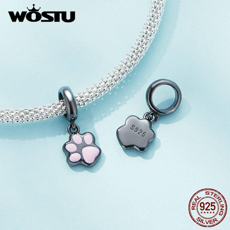 WOSTU 925 Sterling Sølv Svart Gull Mini Cat Paw Charms Anheng Dyreperle For Kvinner Fit DIY Armbånd Halskjede Smykkefremstilling