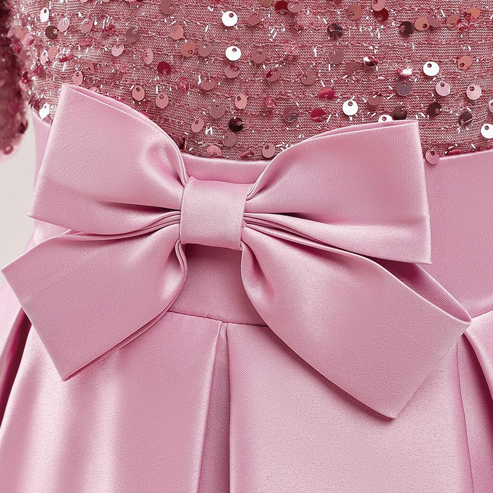 New Girls' Princess Dress with Fine Sequins, Puff Sleeves, and Spliced Satin Tutu Skirt