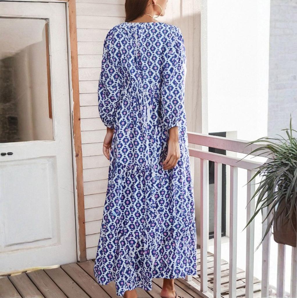 Women Floral Print Bohemian Long Dress Loose V-Neck Fashion Summer Beach Dress