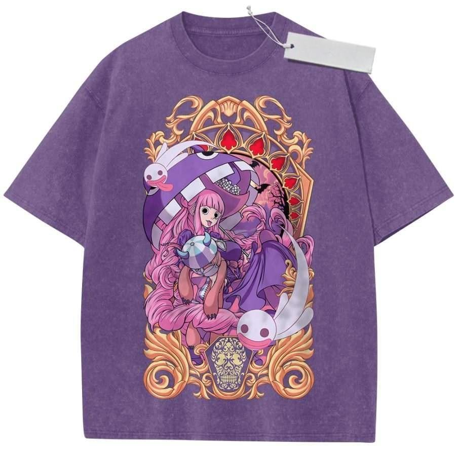 Summer Mens Purple Washed T Shirt One Piece Perona Ghost Golden Frame High Quality Fabric for Casual Shopping