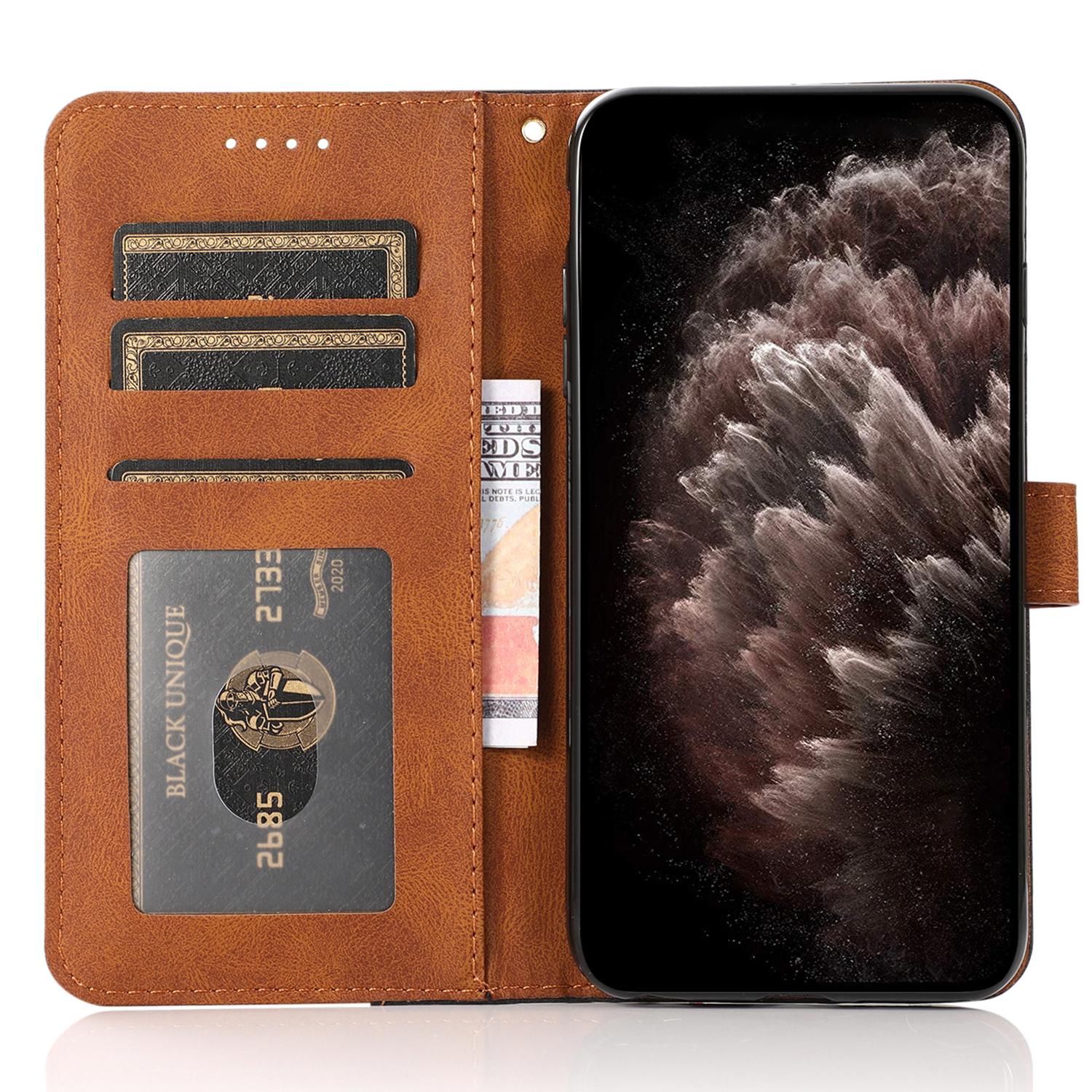 

For iPhone 16 Plus Case Splicing Color Magnetic Clasp Leather Phone Cover Black+Brown