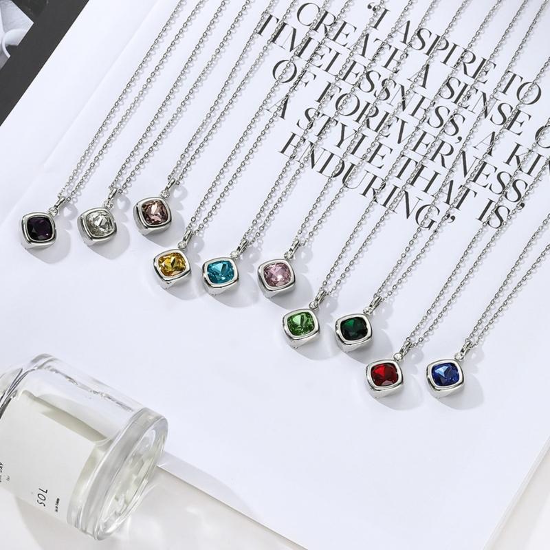 Replaceable Zircon Necklace Birthstone Pendant Neckchain Adjustable Choker Handmade Collarbone Chain Jewelry for Women