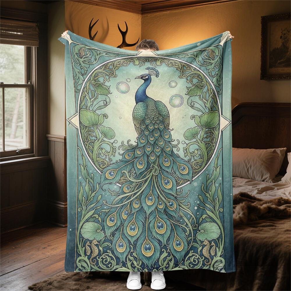 1 Stück Pfauen Art Nouveau Außen Flanelldecke - Weiches Plüschdekor für Picknicks, Camping, Schlafzimmer, Spielzimmer, Büro oder Mittagspause 1210A