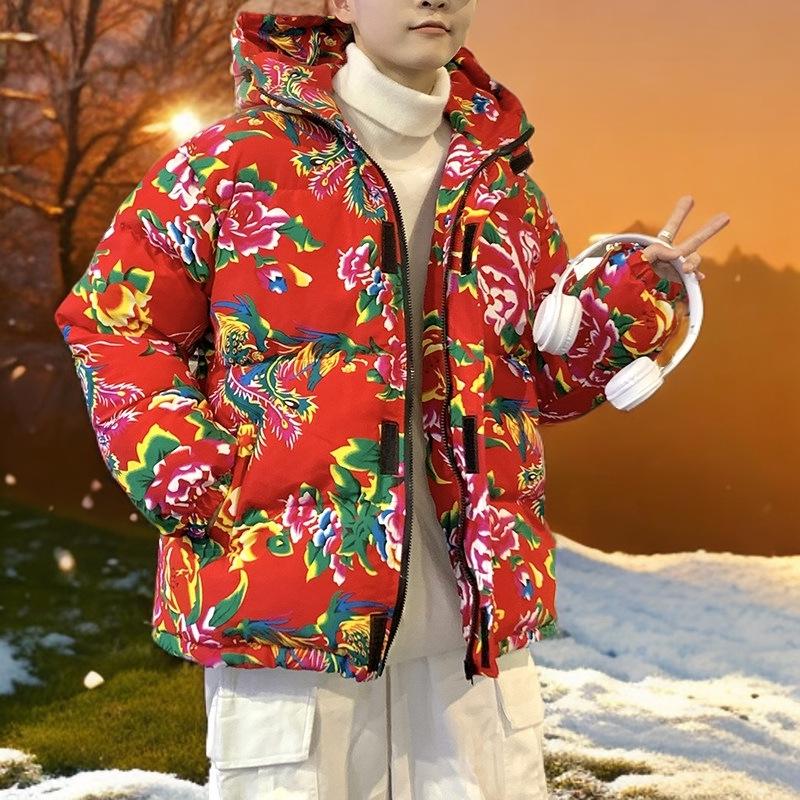 Northeast Floral Men's Winter Jacket: Chinese-Style Peony Design, Thickened Cotton-Padded Outerwear for Couples
