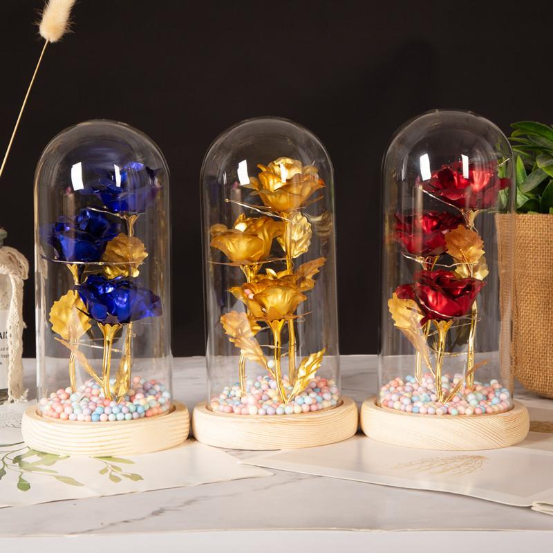 Three glass cover gold foil flower ornament, mother's Valentine's Day gift, luminous LED rose simulation bouquet