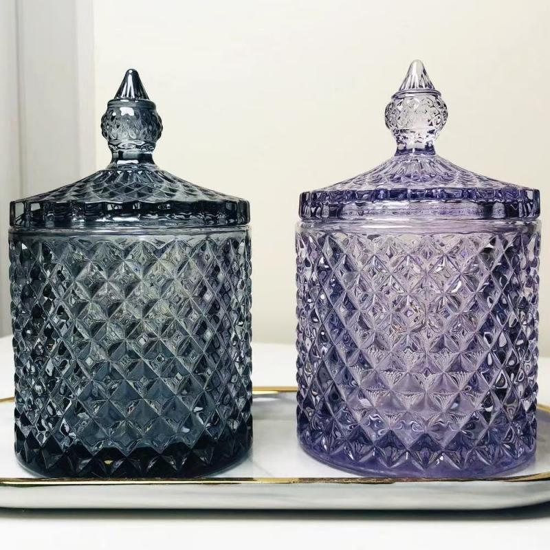 European Multicolor Crystal Glass Storage Jar,Candy Glass Jar with Lid Aromatherapy Candlestick Swab Container Home Decoration
