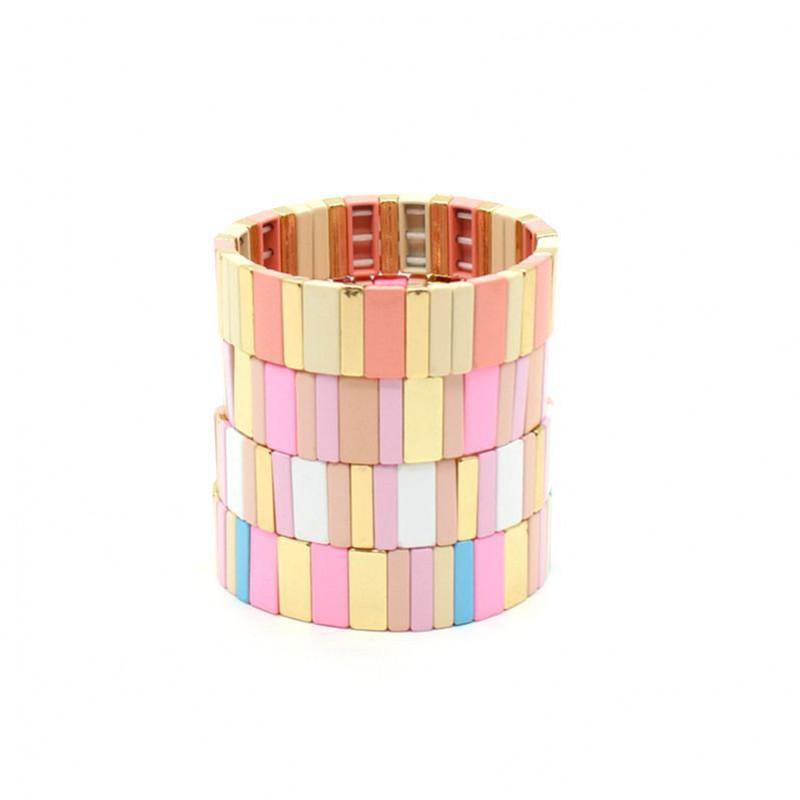 Geometric Enamel Bracelet With Rainbow Color Blocks Multi-Layer Stackable Boho Jewelry Travel Vacation Accessory