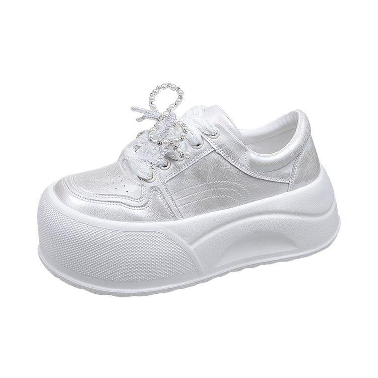 Leather Korean Version Big Head Lace Bow Pearl Bread Shoes Platform Muffin Small 6cm Casual Board Shoes Women