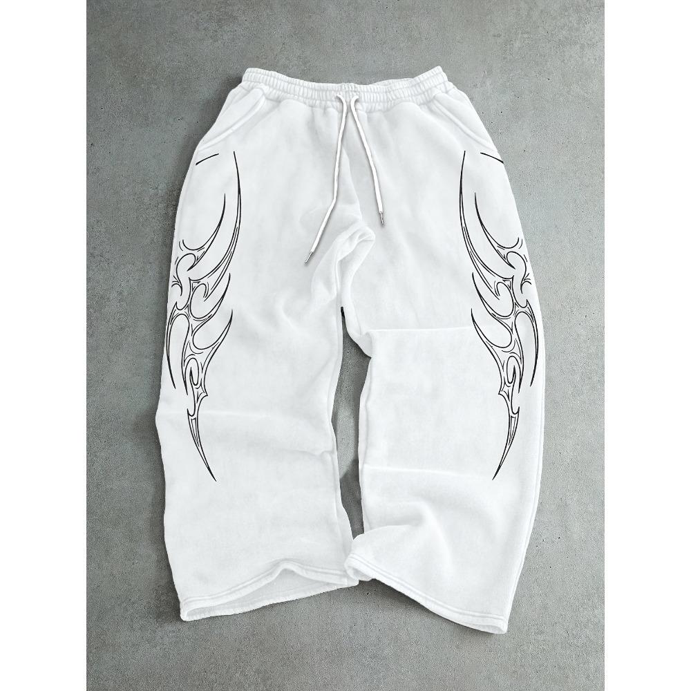 

Oversized White Pants with Black Dragon Tribal Design Urban Fashion S