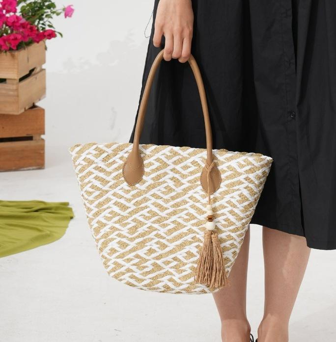 New niche straw bag women s versatile fashion lazy style commuting large capacity shoulder bag vacation style tote bag Edge zipper