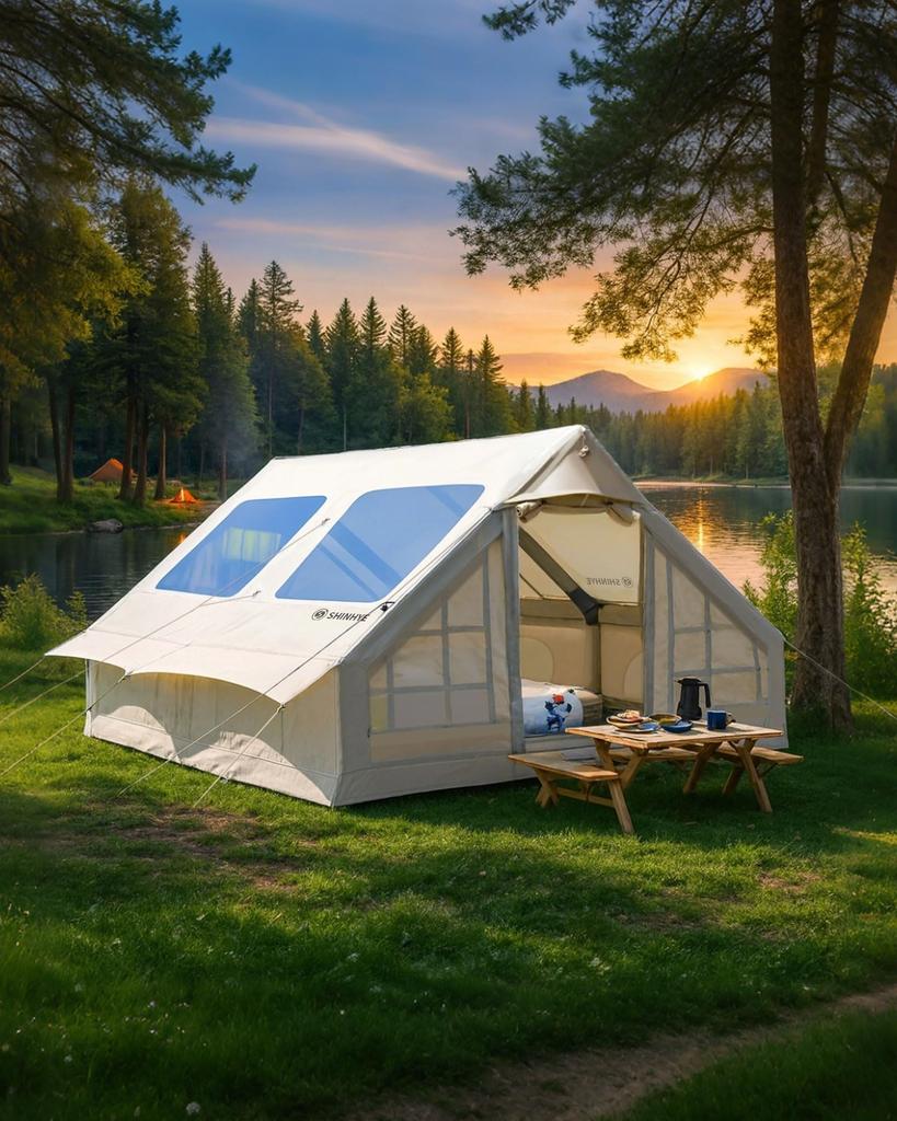 ShinHye Air Tent Inflatable Tent Person Lodge Style 420D Oxford Fabric Large Transparent Skylight Mesh Window Chimney Hole Family Tent Easy Assembly