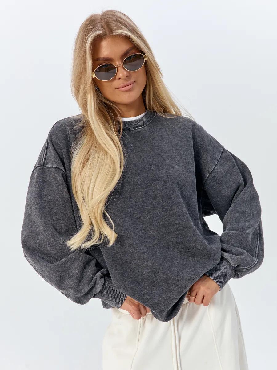 American retro old washed black sweater autumn and winter new 100% pure cotton niche outer top trendy S