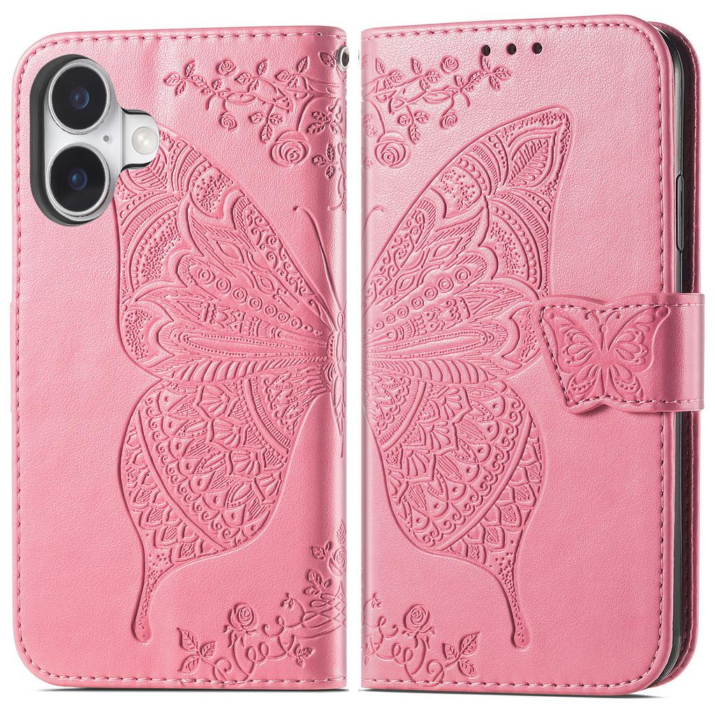 For iPhone 16 Case PU Leather Wallet Phone Cover Butterfly Pattern