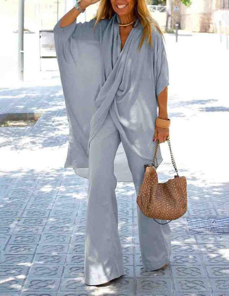 MAITA Spring/Summer Women Casual Loose Tulle Doll Sleeves Cotton Linen Blouse Top Wide Leg Pants Solid Color Two Piece