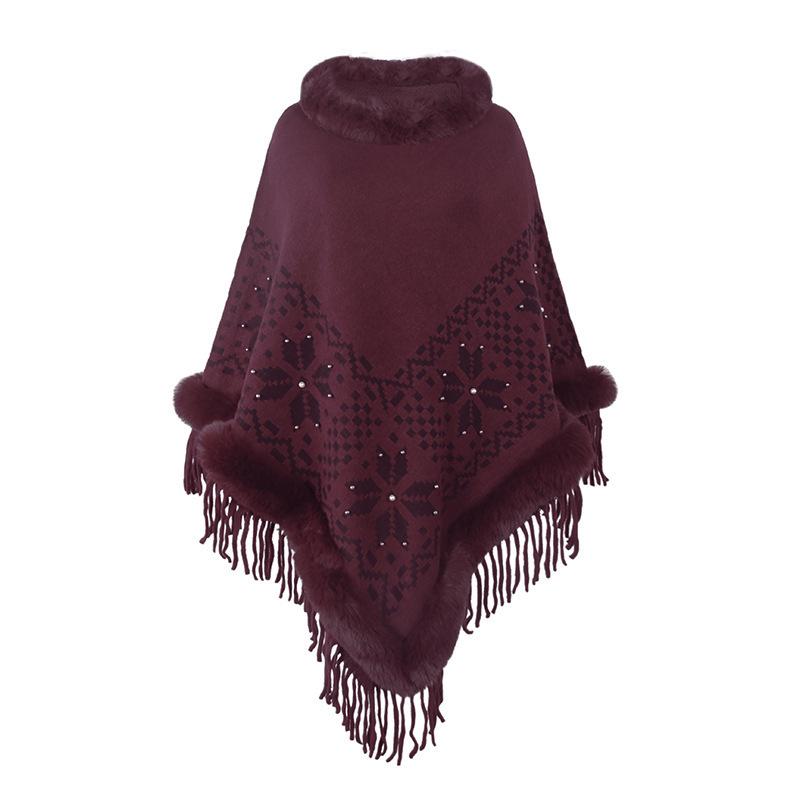 Cape Shawl Knitted Shawl Fur Collar Beaded Fringed Hem Sweater Women