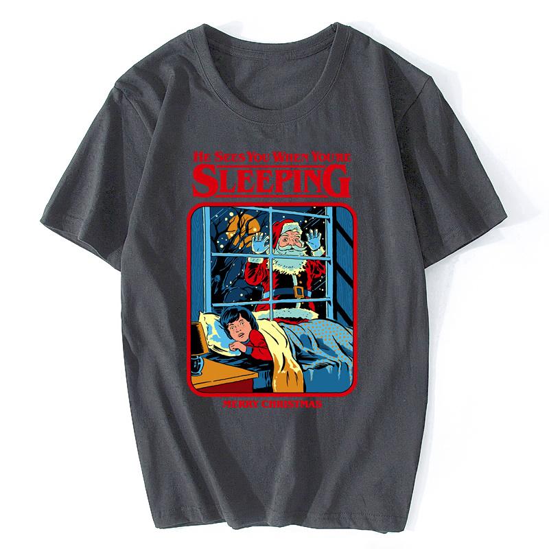 Man T-shirts He Sees You When You're Sleeping Tshirt Mens T Shirts Merry Christmas Claus Designer Tops & Tees Harajuku
