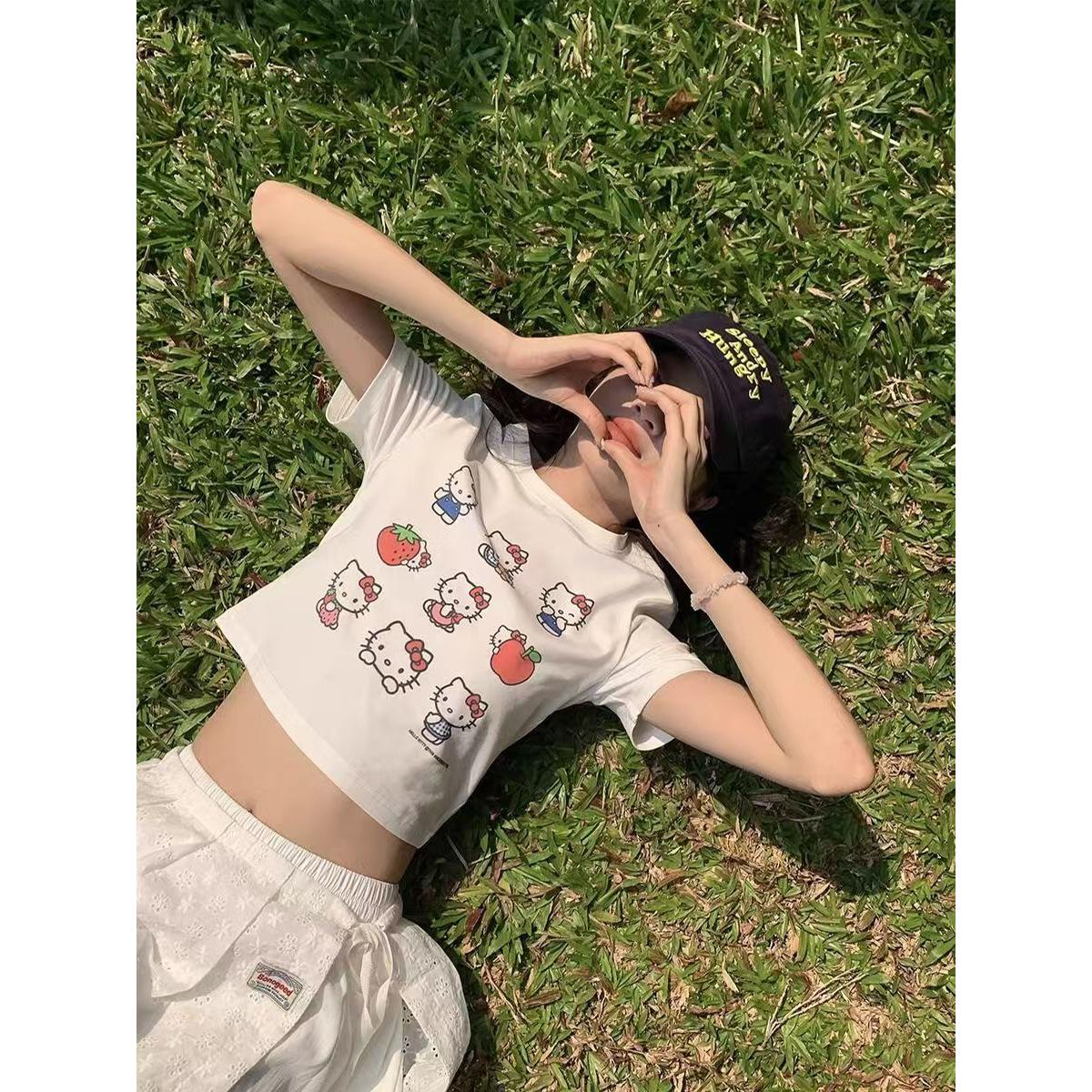 Spice Girl Button Print Short Sleeve T-Shirt Summer New Student White Short Top M