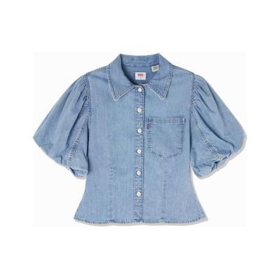 Levis Fw22 Solid Color Single-Breasted Collar Puff Sleeve Short Sleeve Shirt Women Shirts Blue A1878-0001