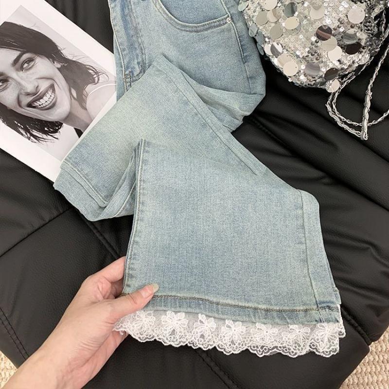 

Женские микро расклешенные брюки с кружевной отделкой, летние, голубые, с высокой посадкой, длиной до щиколотки, модные, в корейском стиле, универсальные брюки XXL небесно-голубой